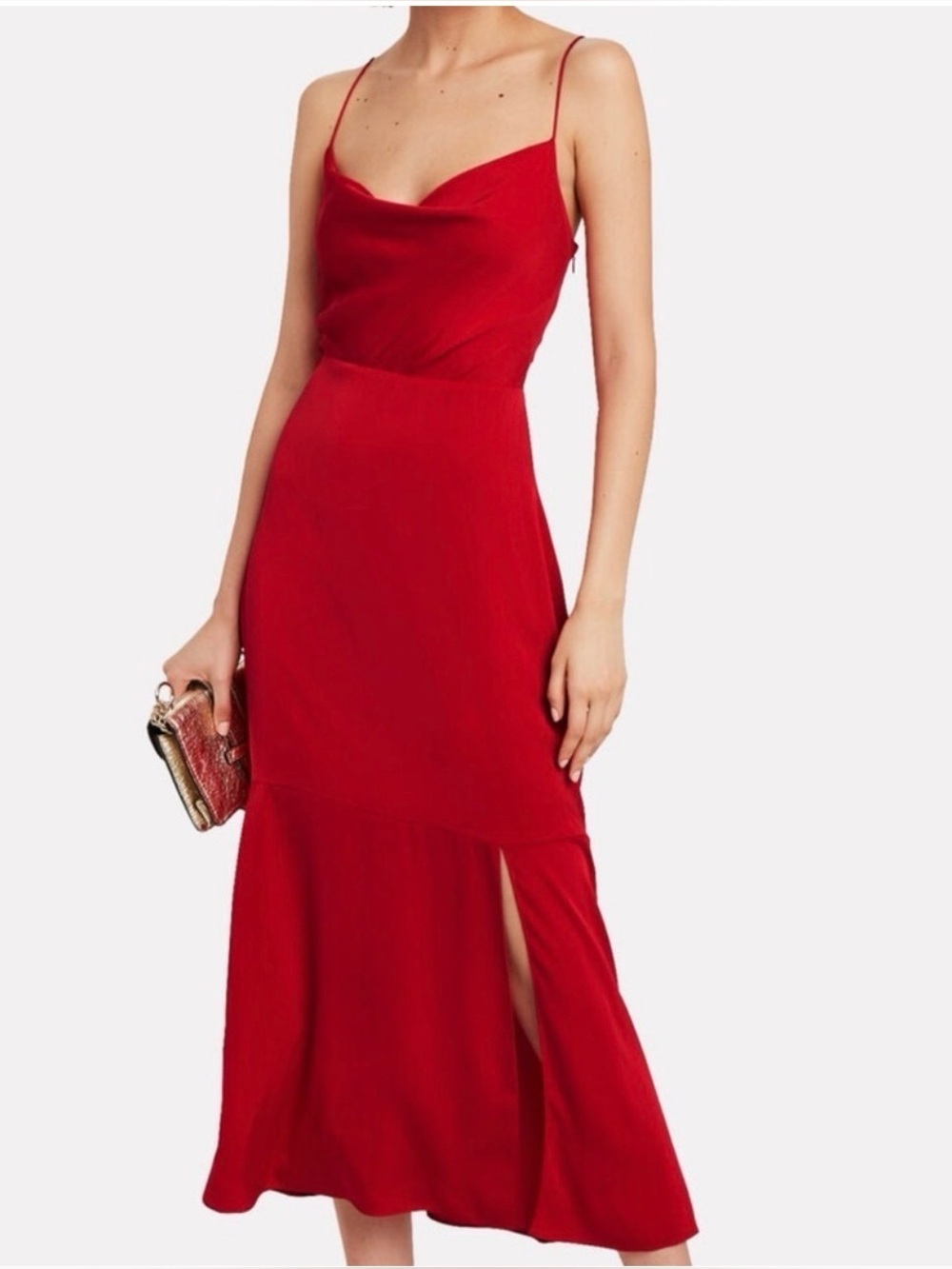 INTERMIX Paris Red Silk Cowl Neck Dress with Spaghetti Straps and Slit, Size 4